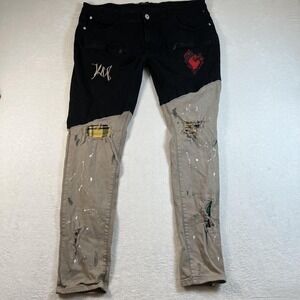 KEEP Jeans Mens 40x32 Black Tan Patchwork‎ Skinny Distressed Grunge Paint Denim
